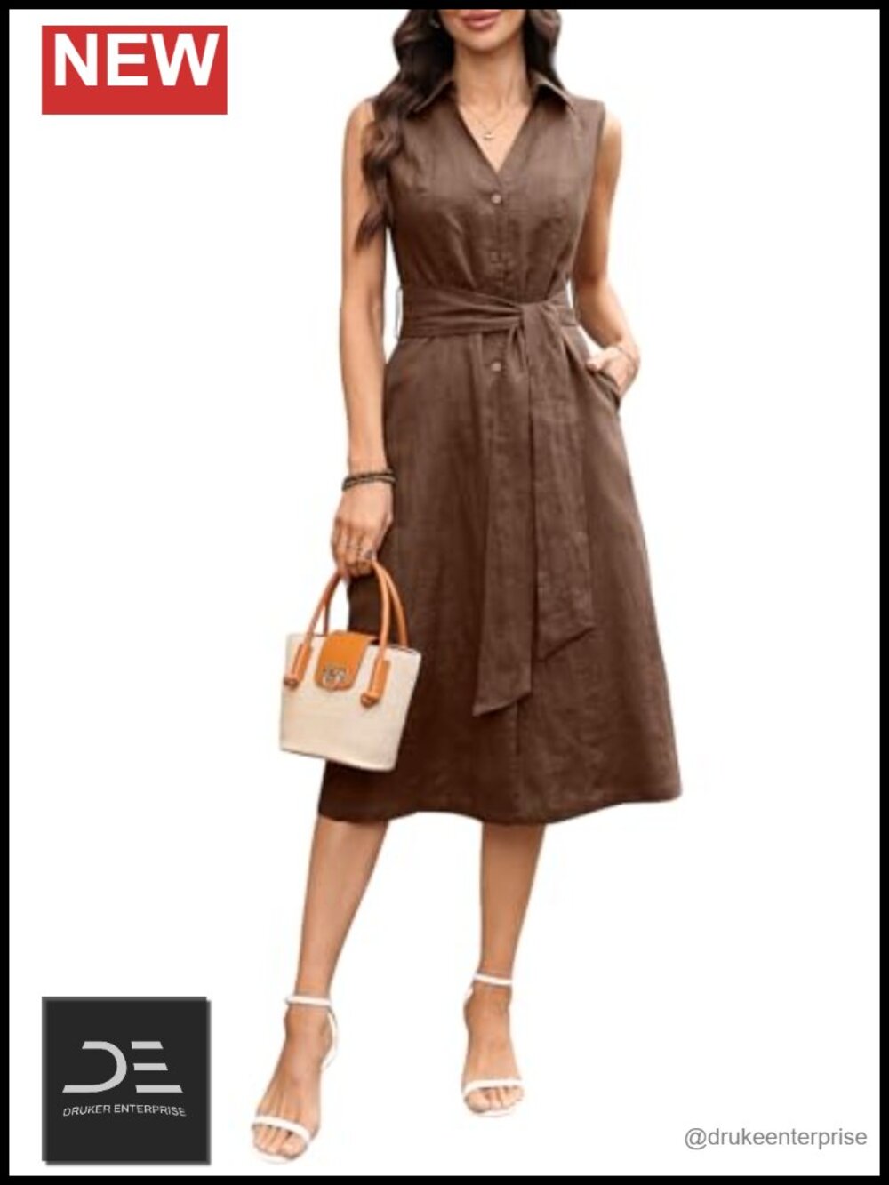 100% Linen Collared Shirt Dress V Neck Sleeveless Button Down Midi Belt